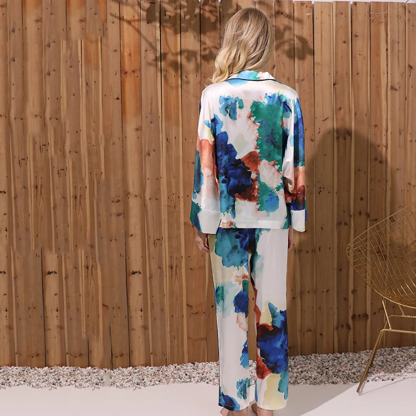 

2021 Spring/Autumn New Pajamas Women Tie-Dyed Green Long-Sleeved Trousers Silk Sleepwear Batwing Sleeve Loose Soft Homewear