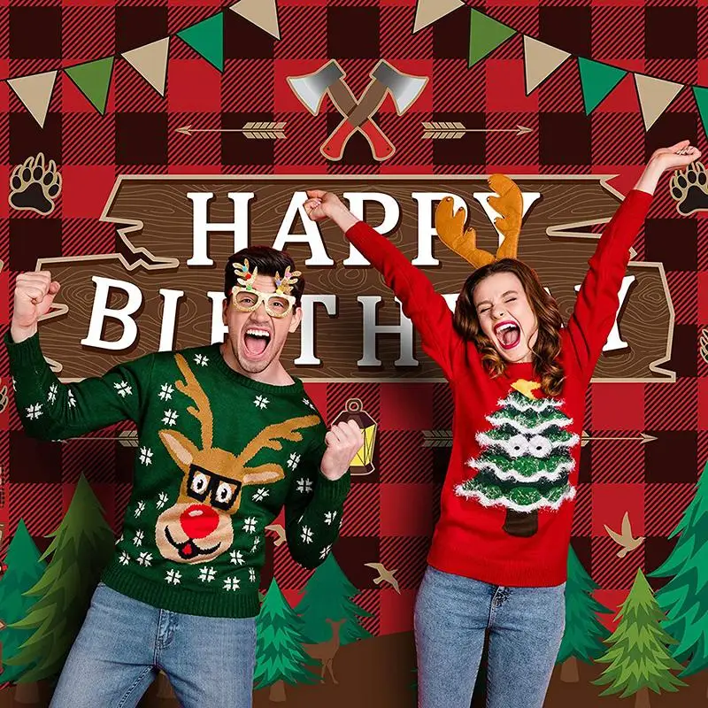 

Red Lattice Christmas Baby Birthday Party Pine Banners Scene Decoration Backdrop Photo Studio Props Photography Background Vinyl