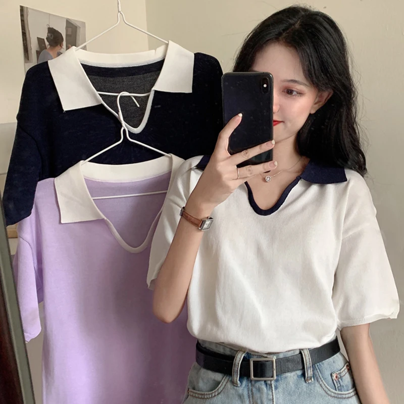 

Lucyever Fashion V Neck Loose T Shirt Women Summer Short Sleeve Soild Wild Tee Shirt Femme Turn Down Collar Basic Tshirs Ladies