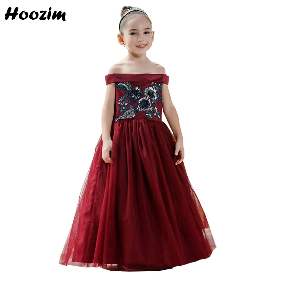 

Luxury Embroidery Shine Sequin Prom And Wedding Long Dresses Girls 3-12 Year Red Cold Shoulder Backless Evening Party Dress 2020