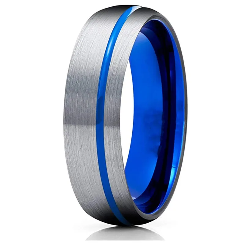 

Fashion 8MM Men's Stainless Steel Rings Blue Colorful Groove Beveled Edge Wedding Engagement Ring Women Anniversary Jewelry
