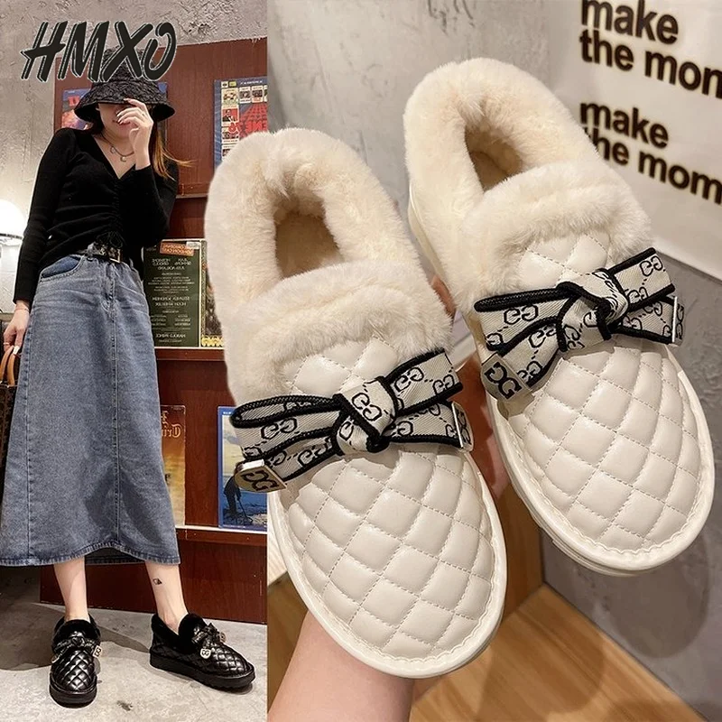 

HMXO Bowknot Plush Shoes Women Outer Wear Winter Thick-soled Warm Lamb Edamame Peas Shoes Plus Velvet Pu Leather Flat Shoes