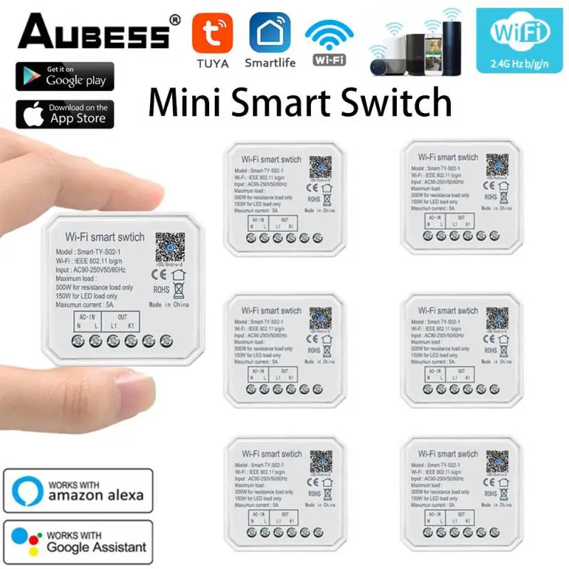 

Aubess 5/10pcs Smart Breaker WiFi Mini Smart Switch DIY Module 1/2 Gang Tuya Smart Life APP Remote Control For Alexa Google Home