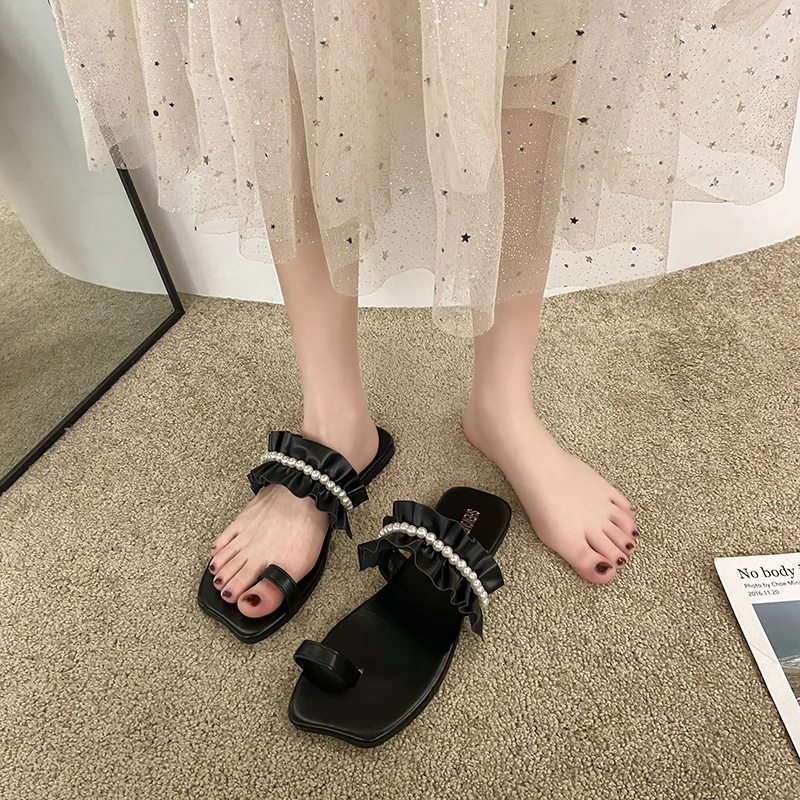 

Shoes Woman's Slippers Luxury Slides Rubber Flip Flops String Bead Low 2021 Designer Hawaiian Flat Fashion Basic Fabric PU