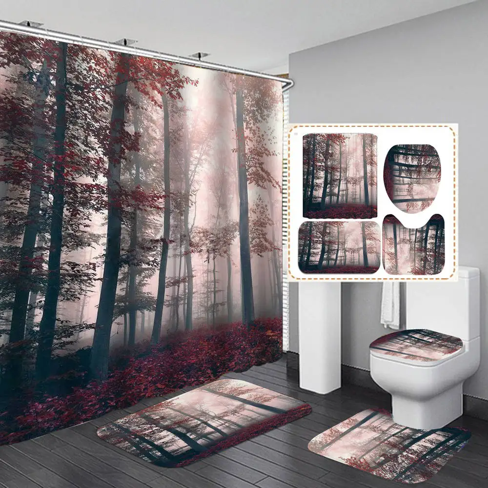 

Forest View Flannel Bath Mat Toilet Cover Rugs Fabric Shower Curtain With 12 Hooks Home Bathroom Decor Set
