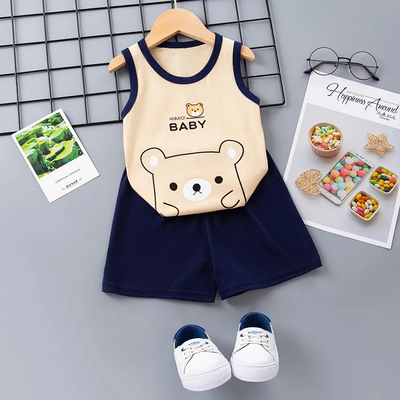 

OHMETOY Cotton Summer Children Suit Vest Shorts Cartoon Print Boys and Girls Cotton Sleeveless T-shirt Kid Unisex O-Neck Clothes
