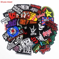 50 pcs a lot mixed cloth patches iron on band rock music badges punk embroidered stickers for jacket sewing diy appliques