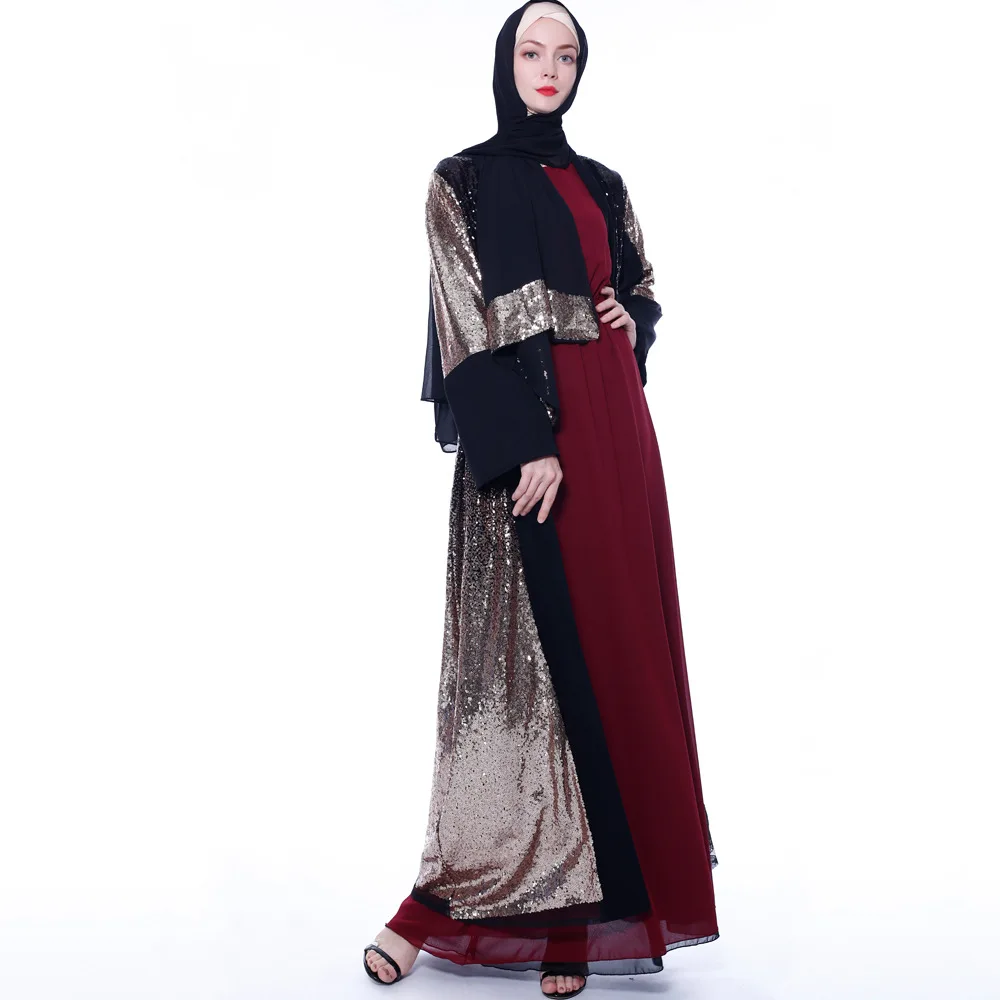 

New Fashion Loose Middle East Ramadan Muslim Sequins Cafetan Dubai Cardigan Robe Turkish Casual Lace-up Outer Wear Hijab Robe