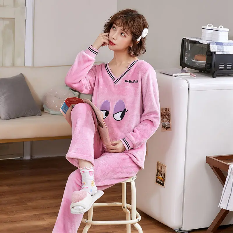 Pink sleepwear Пижамы женские большие размеры пижамы из плотной ткани женские теплые длинные осенние пижамы зимний домашний костюм женская пижама домашний L-XXL - Color: Pink sleepwear