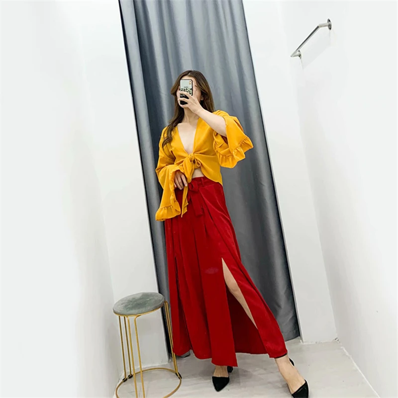 Юбка с широкими штанинами GLAUKE свободные брюки разрезом весна-лето 2020 новая