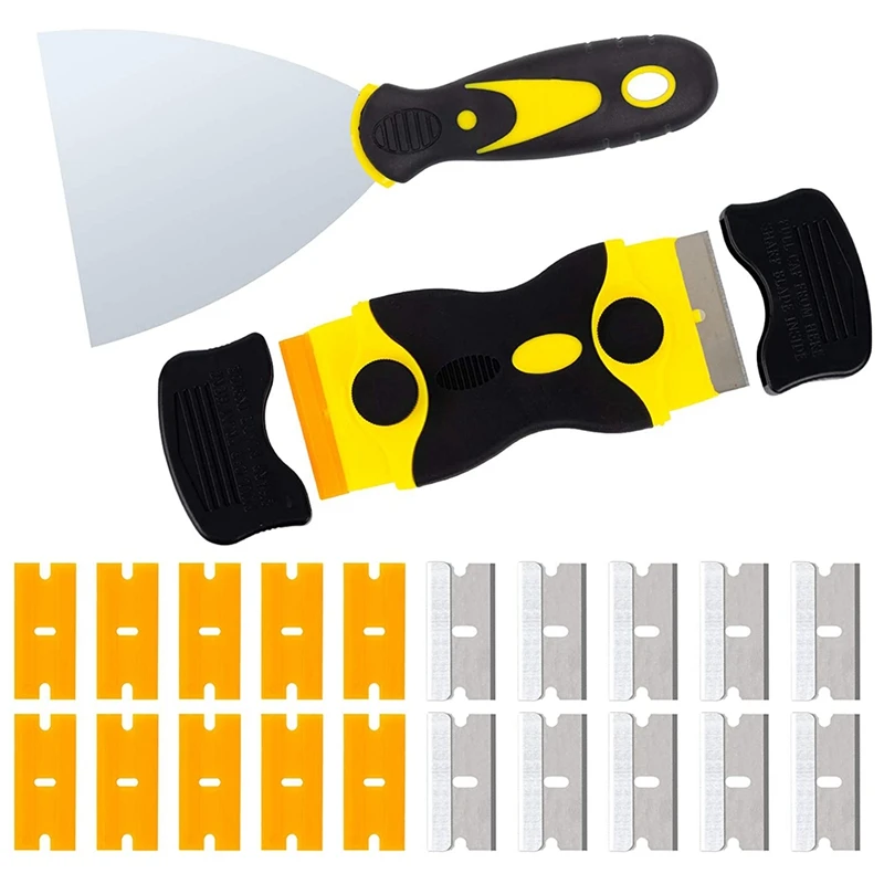 

4 Inch Putty Knife, Razor Blade Scraper, 2-In-1 Scraper Tool Set with 10Pcs Plastic Blades and 10Pcs Metal Blades