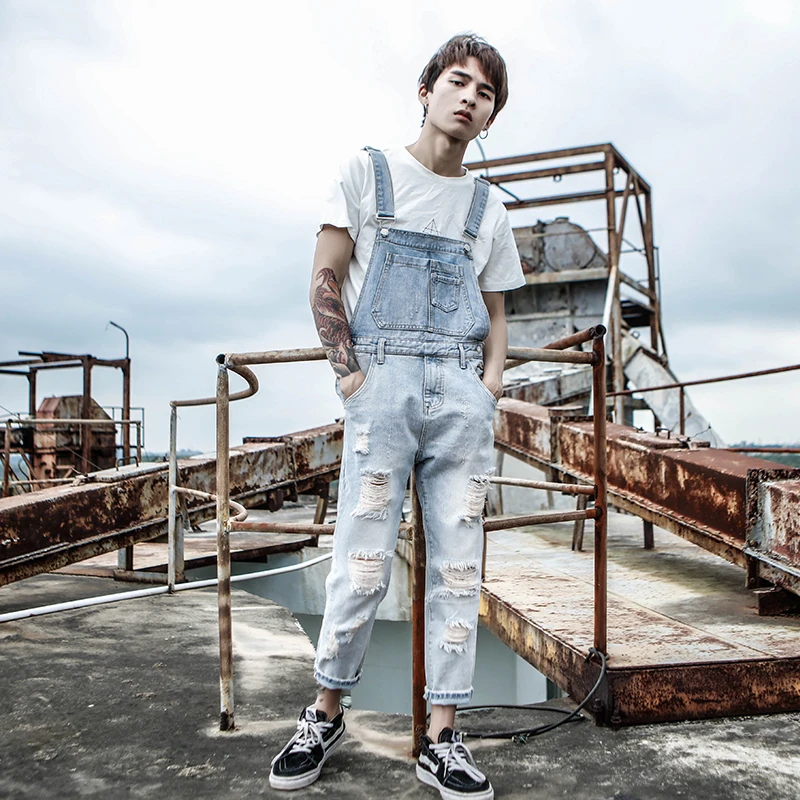 

Ripped Jumpsuit Men Summer Overall Mens Denim Jumpsuits Jeans Distressed Romper Destroyed Hole Broken Fashion Male Clothes
