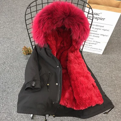 Black Red Fur Зимнее пальто с мехом для девочек Детская куртка с натуральным кроличьим мехом теплые парки куртка с натуральным мехом енота для мальчиков и девочек Размер 110-170, TZ204 - Цвет: Black Red Fur