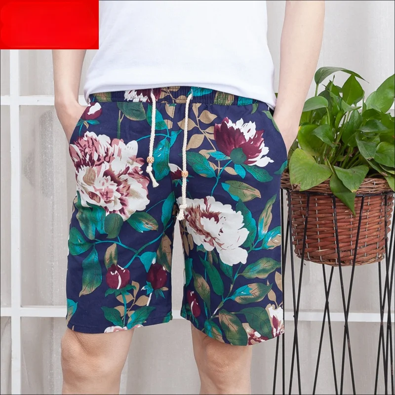 

2021 casual shorts men's summer linen beach pants thin Capris large underpants large size loose floral underpants