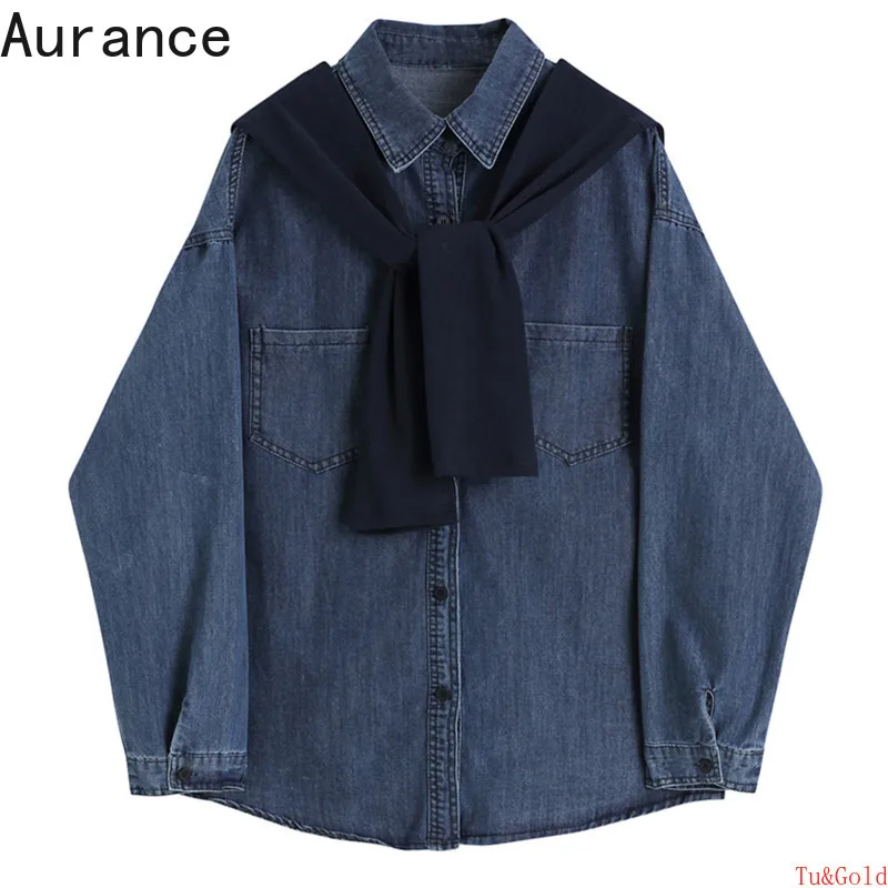 

Женская джинсовая рубашка с отложным воротником [Aurance], синяя свободная рубашка с длинным рукавом, большие размеры, весна-осень 2021