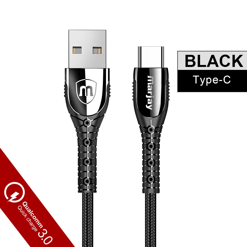 Черный Кабель Marjay usb type-C для samsung S8 S9 S10 A50 A70 3A Быстрая зарядка USB C для Xiaomi Redmi Note 7 кабель type-C для мобильного телефона - Цвет: Черный