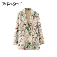 twotwinstyle casual print blazer for women notched long sleeve double breasted straight korean blazers females spring 2021 style