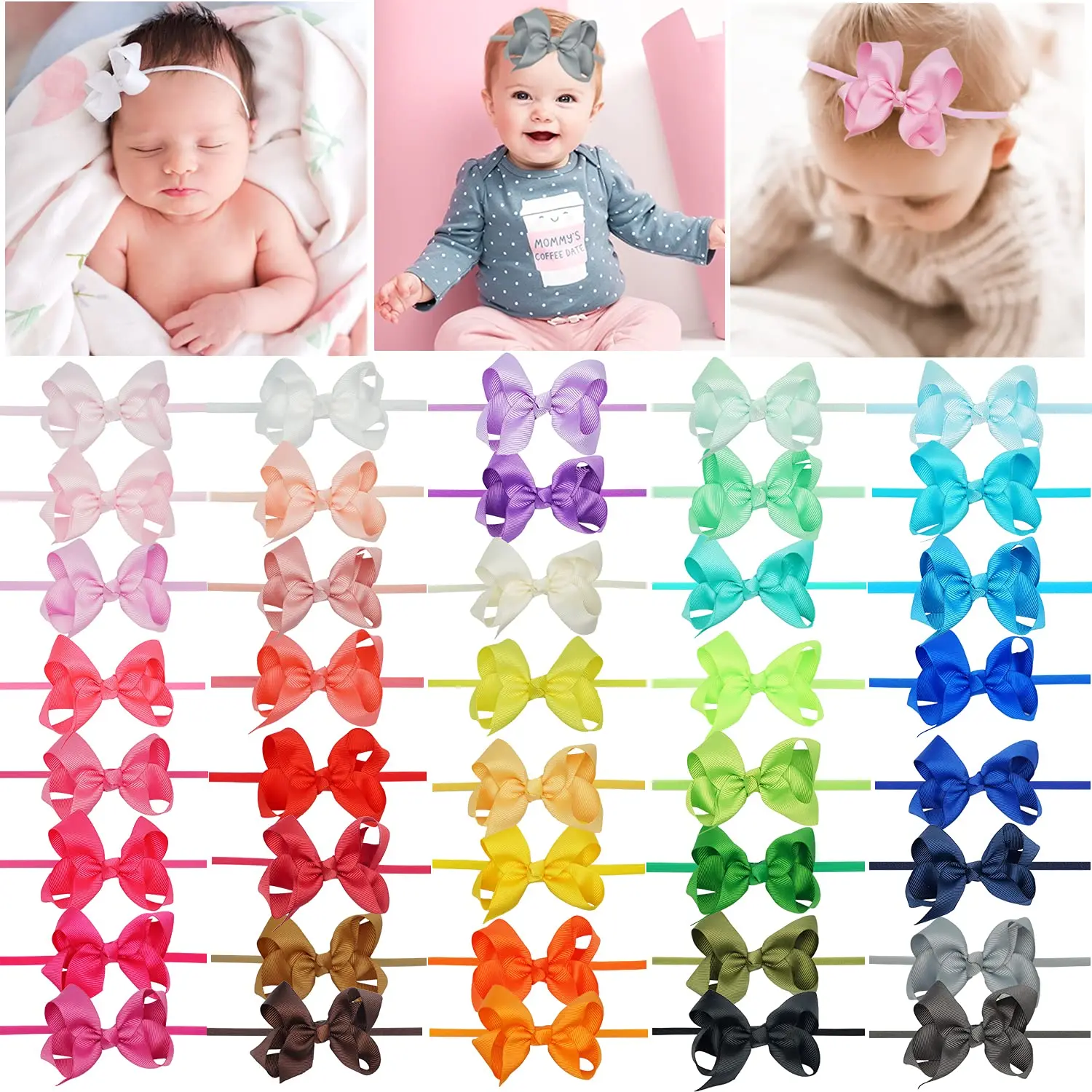 

40 Colors Baby Headbands 3" Hair Bows Super Soft Slim Headbands for Baby Girls,Infant,premie and Newborn
