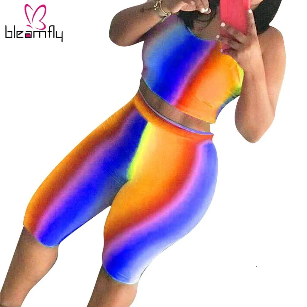 Летние женский комплект 2 шт. шорты для фитнеса байкерские с принтом Tie Dye