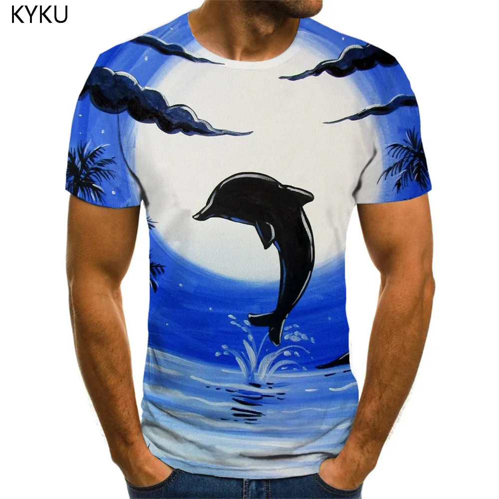 

KYKU Dolphin T shirt Men Animal Funny T shirts Moon Shirt Print Funny Anime Clothes Short Sleeve Punk Rock Printed Slim Big Size