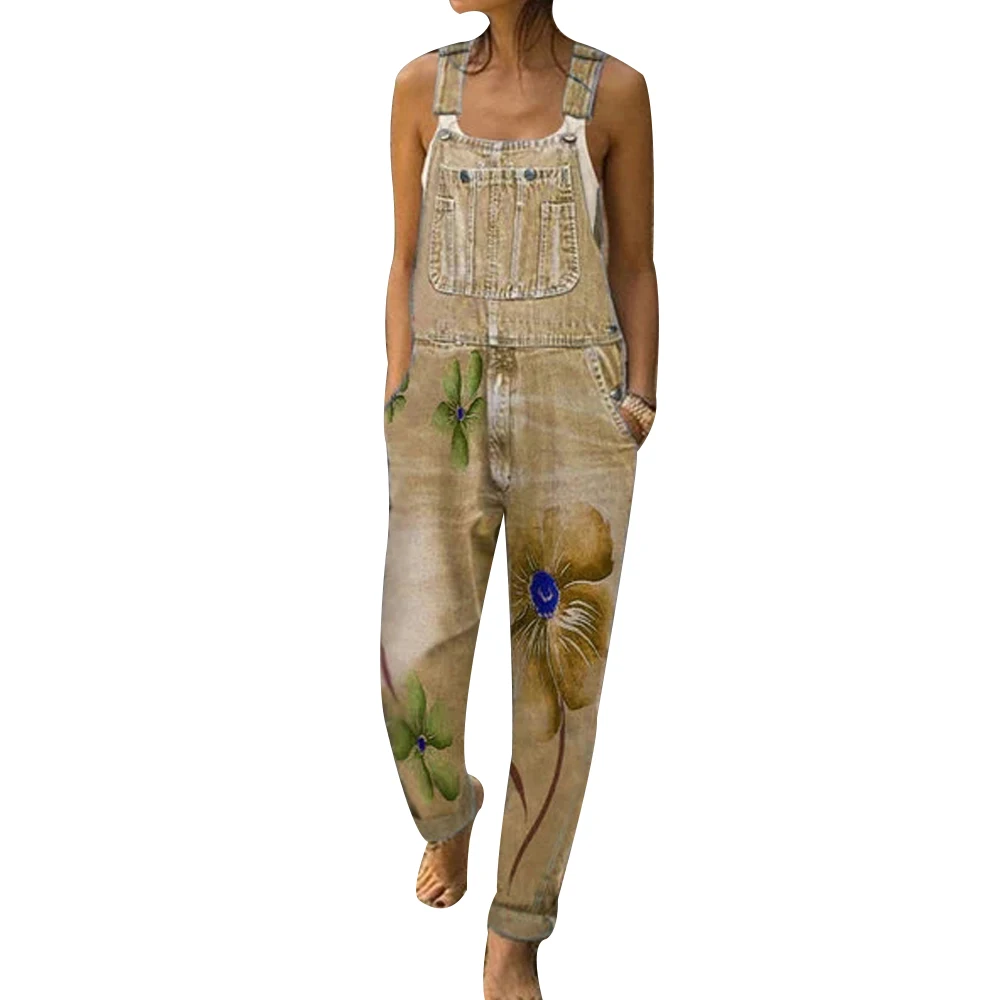 tan LOOZYKIT, новинка, женские джинсы с цветочным принтом, Осенние, на бретелях, с вырезом, светильник, с потертостями, с карманами, комбинезоны, джинсовые штаны, длинные - Цвет: tan