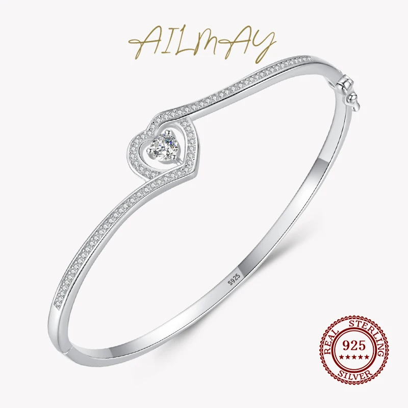 

Ailmay Authentic 925 Sterling Silver Charm Heart Dazzling Zircon Bracelets For Women Romantic Wedding Jewelry 2021 New Design