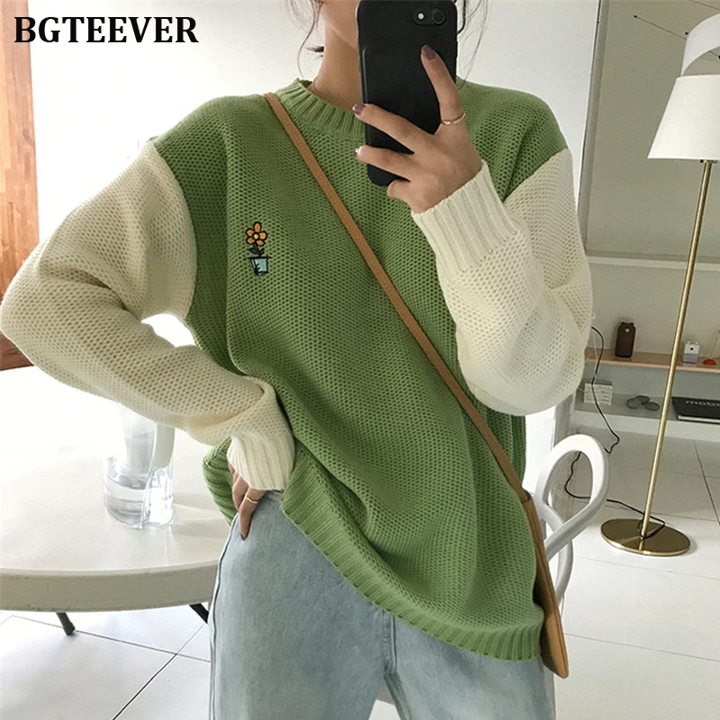 BGTEEVER шик вышивка Женский вязаный свитер с круглым вырезом осень зима женские