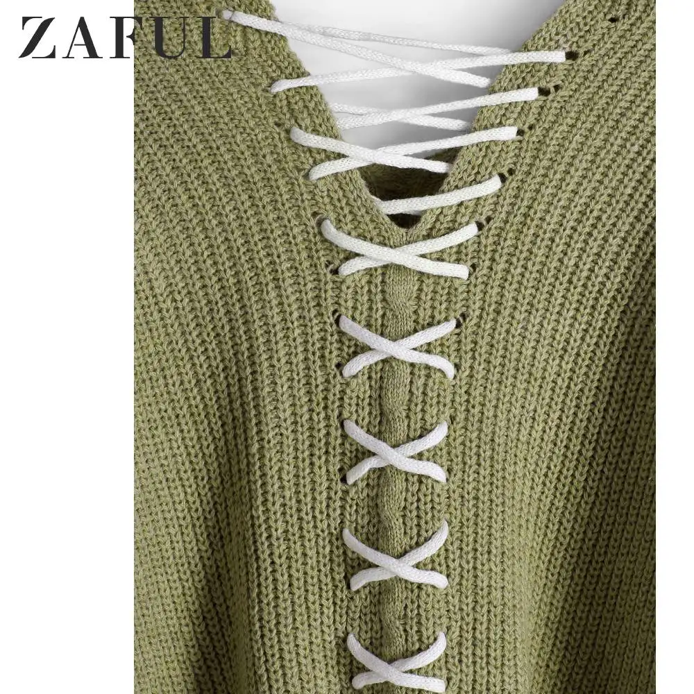 ZAFUL вязаный свитер на шнуровке с открытыми плечами повседневные стильные
