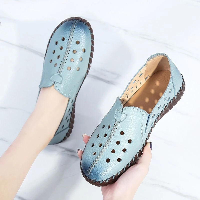 

2021 Autumn Genuine Leather Retro Loafers Platform Shoes Women Lazy Slip-On Handmade Breathable Hollow Soft Shoes Woman Footwear