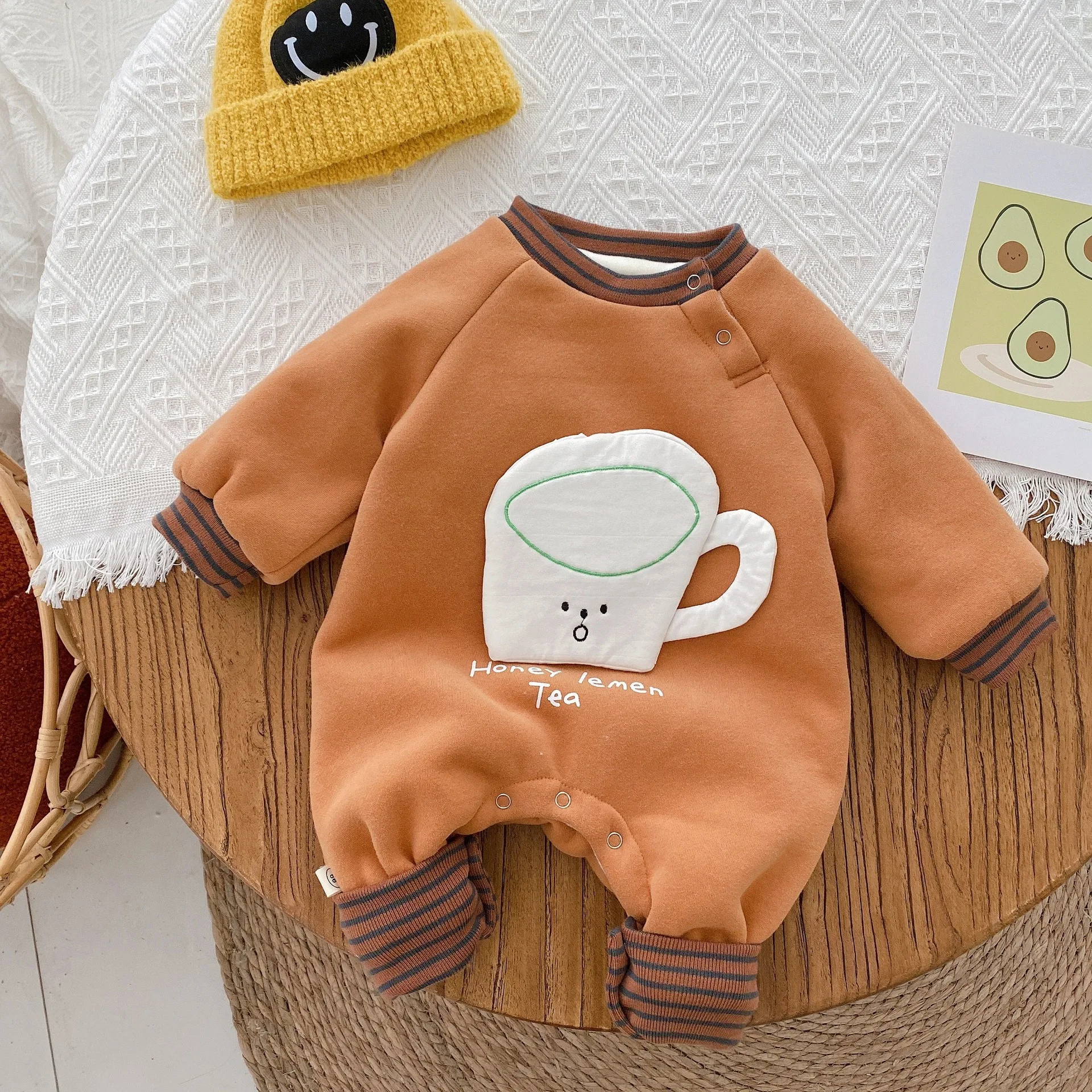 

Baby Polka Dot Climbing Clothes Autumn/Winter Baby Plus Fleece Romper Cartoon Jumpsuit