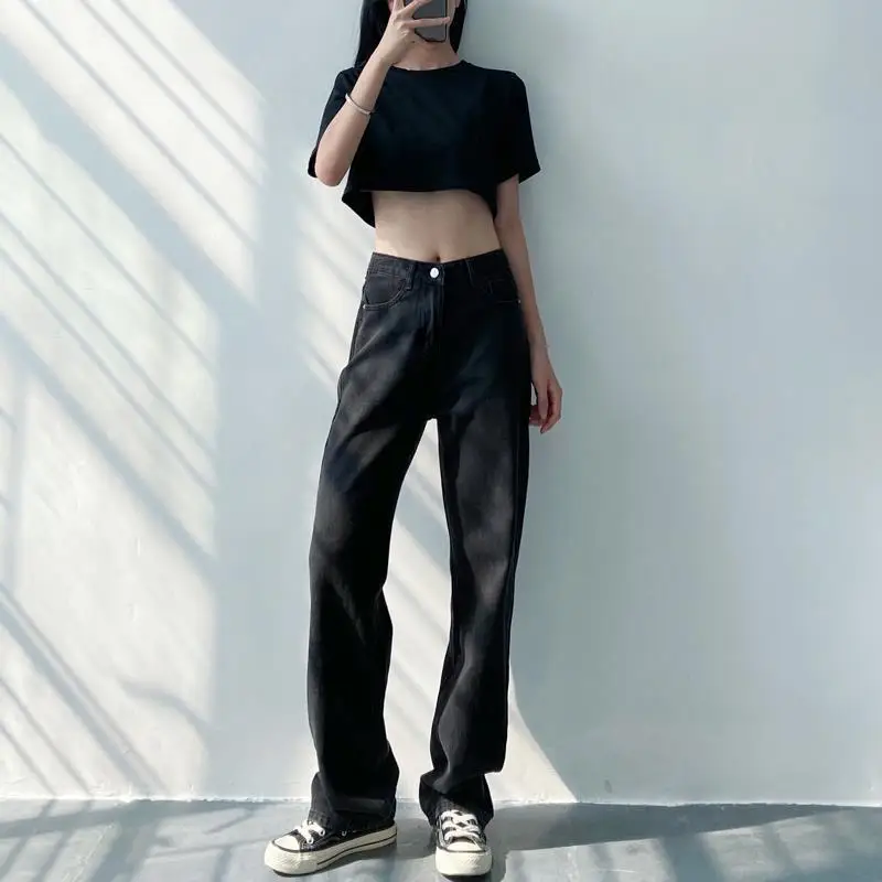 

Women High Waist Cotton Autumn Mopping Jeans 2021 Loose Casual Retro Black Trousers Street Full Length Clothing Straight Pants
