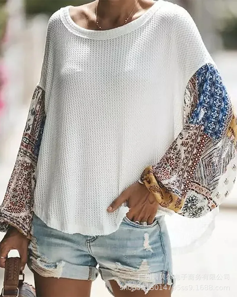 

Women Top New Style White Knitted Style Lantern Sleeve Patchwork Top O Neck Fashion Casual
