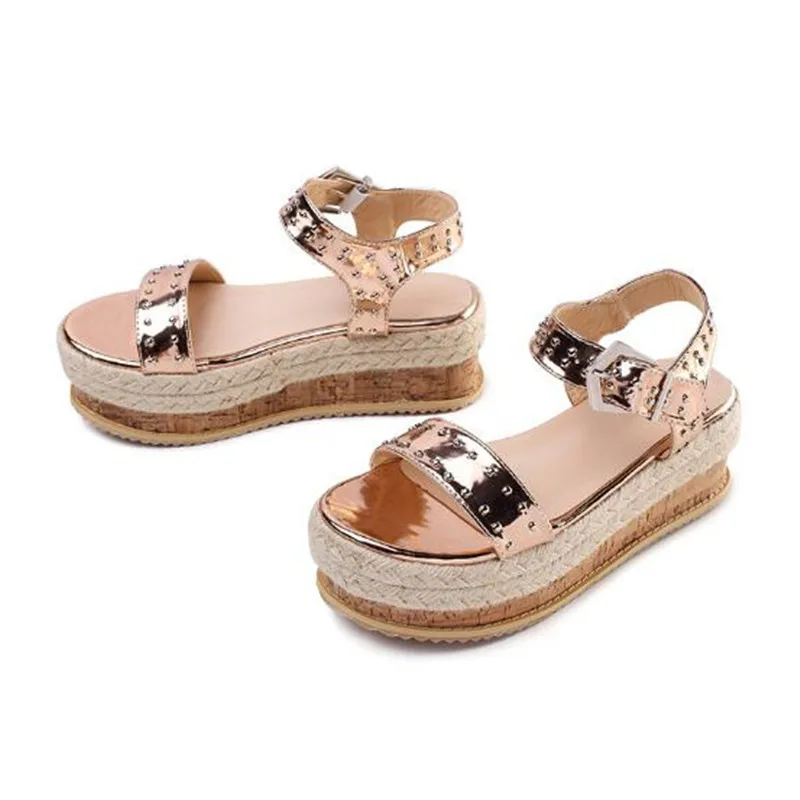 

2019 Sandals Shoes Women Summer Fashion Sandals Rivets Retro Buckle Strap Wedges Peep Toe Sandals chaussures femme dropship