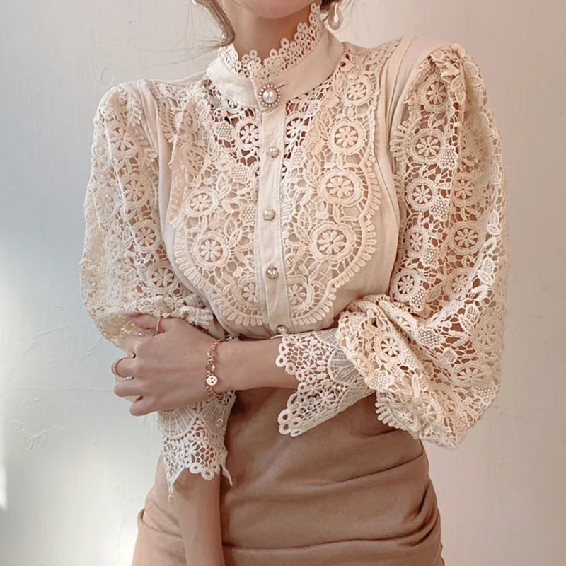 

Chic Button White Top Woman Blouses Long Sleeve Elegant 2021 Summer Fashion Tops Hollow Out Flower Lace Patchwork Shirt