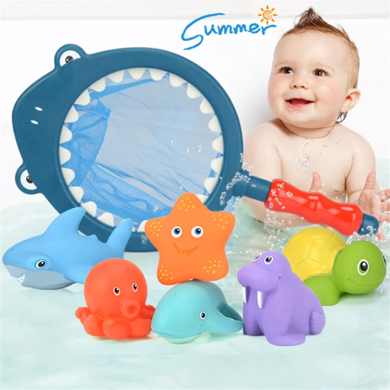 

7PCS/Sets Fishing Toys Network Bag Pick up Duck&Fish Kids Toy Swimming Classes Summer Play Water Bath Doll Water Spray Bath toys