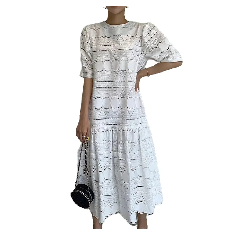 

Lamtrip Lolita Hollow Out Circle White Korean Lady Slim Short Sleeve Dress