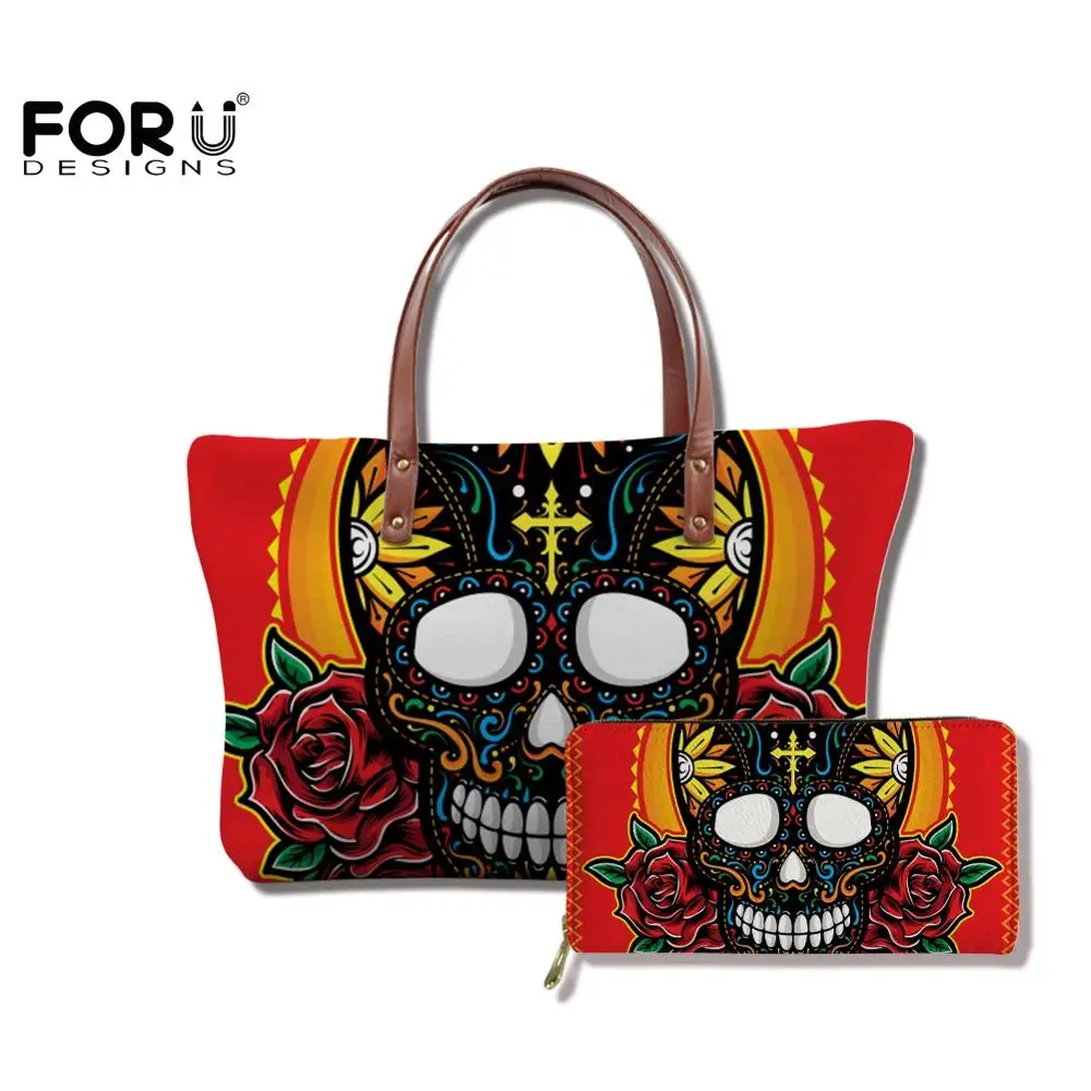 

FORUDESIGNS Women Purse Big Wallet Set Sugar Skull Gothic Mexican Pattern Large Capacity Handbags For Girls Long Hand Bag Zipper