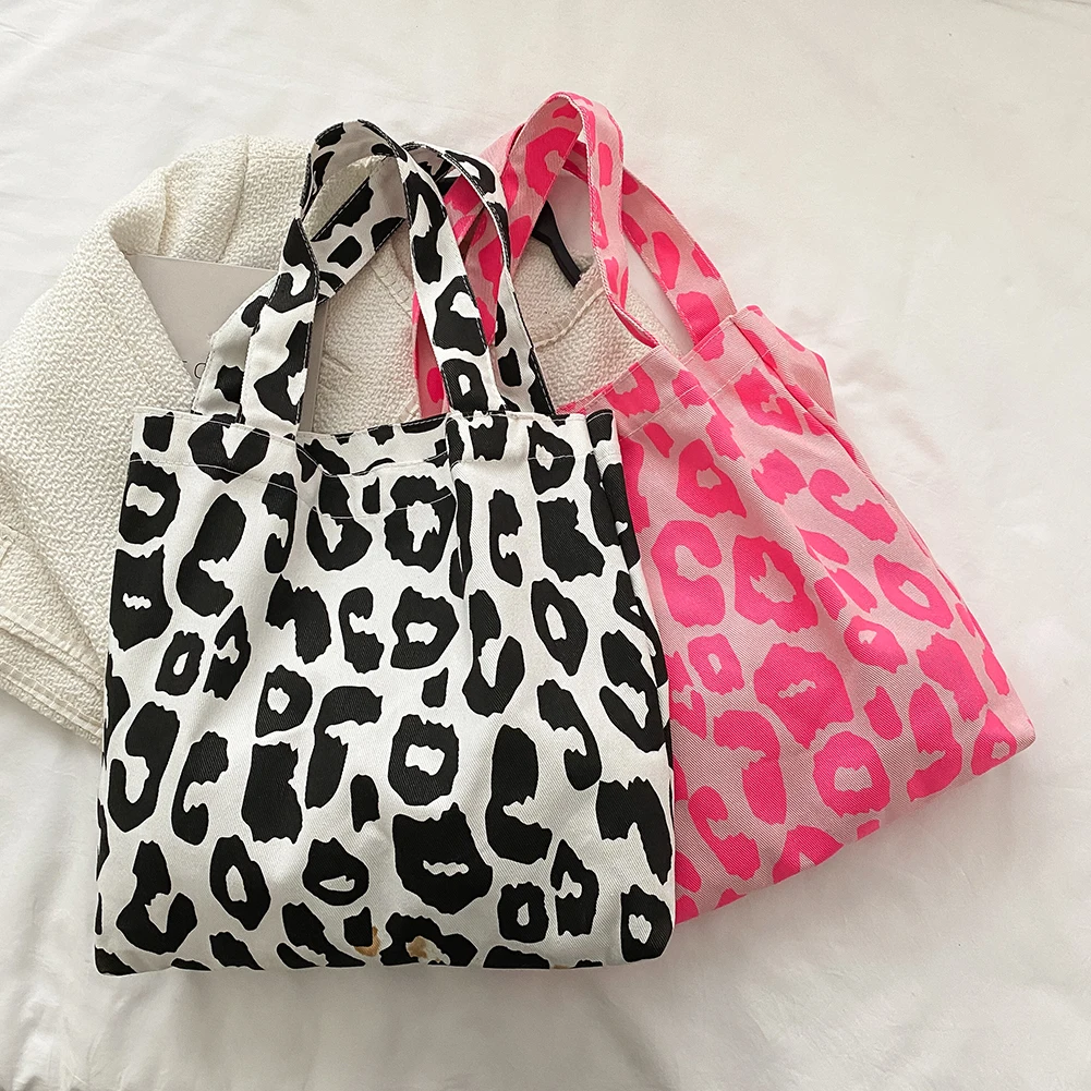 

Fashion Women Canvas Leopard Pattern Shopping Shoulder Bag Casual Ladies Large Capacity Tote Handbags Elegant Female Square Bags