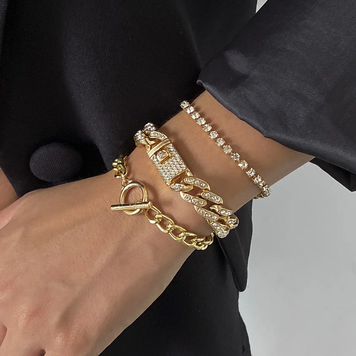 

3PCS/SET Punk Cuban Link Chain Rhinestone Bracelets for Women Gold Silver Color Shiny Crystal Anklet Bracelet Bangles Jewelry