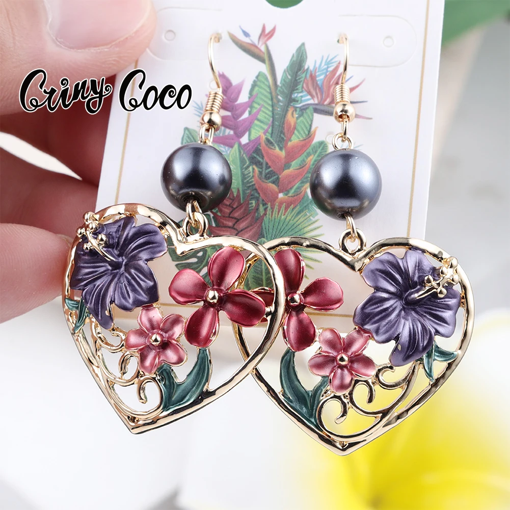 

Серьги-подвески Cring Coco с эмалью в форме сердца, позолоченные серьги в виде Гавайского гибискуса с цветами, модные серьги с жемчугом 2021, роско...