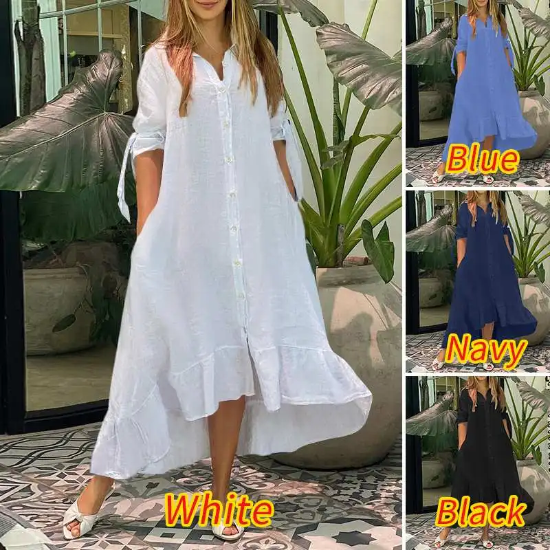 

VONDA Women Party Long Maxi Dress 2021 Summer Casual Solid Color 3/4 Sleeve Dress Asymmetric Hem Ruffled Vestido Beach Sundress