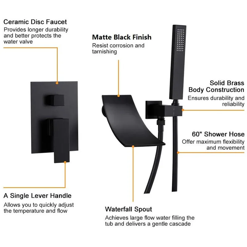 Настенный смеситель для ванны Водопад с ручной душевой лейкой хромированный