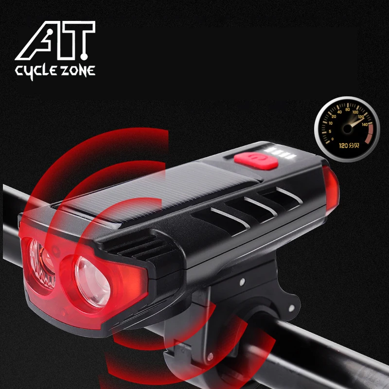 

CYCLE ZONE T6 5 Modes Solar Power Bicycle Light with Horn LED Road MTB Bike Front Light USB Rechargeable Headlight Cycling