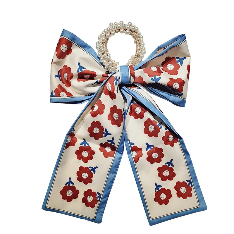 

2021 New Women Pearl Hair Ties Fashion Ribbon Hairband Scrunchies Girls Ponytail Holders Bow Rubber Hair Accessories Headwear