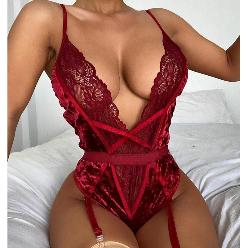 

Вельветовый комбинезон Wepbel с глубоким V-образным вырезом, соблазнительное Кружевное боди, женское нижнее белье, соблазнительное Кружевное ...