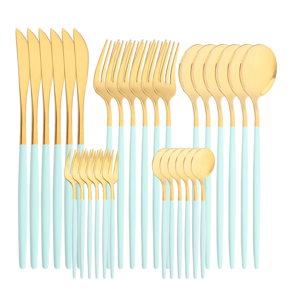 

30pcs Mint Green Gold Stainless Steel Dinnerware Set Mirror Dinner Knife Fork Coffee Spoon Teaspoon Flatware Kitchen Cutlery Set