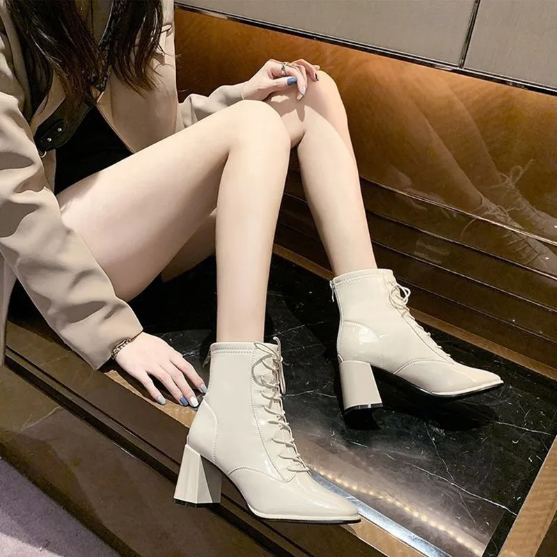 Patent Leather Square Toe Ankle Boots for Women Fashion High Heels Leather Boots Beige Black Boots Femme New Chunky Heels