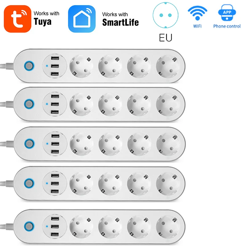 

Удлинитель Tuya с поддержкой Wi-Fi, 4 розетками и 3 USB-портами