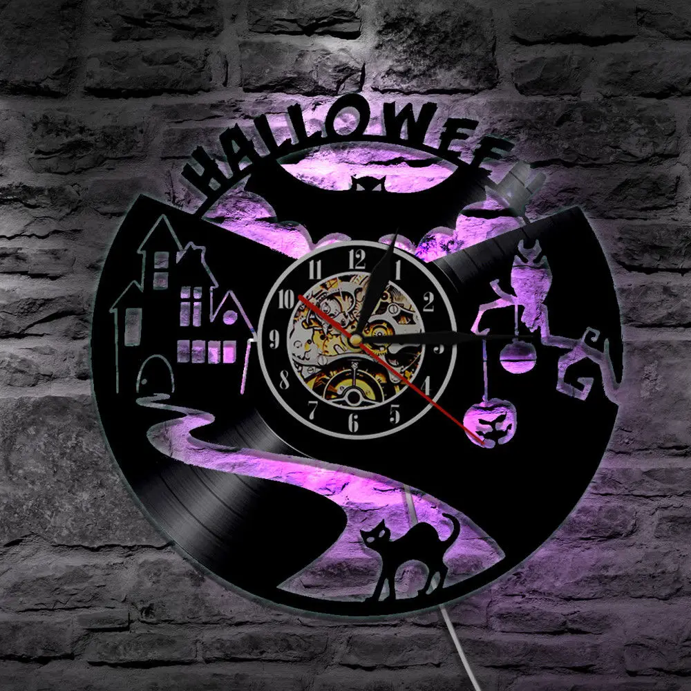 Виниловые настенные часы Летучая Мышь Хэллоуин светодиодный с подсветкой