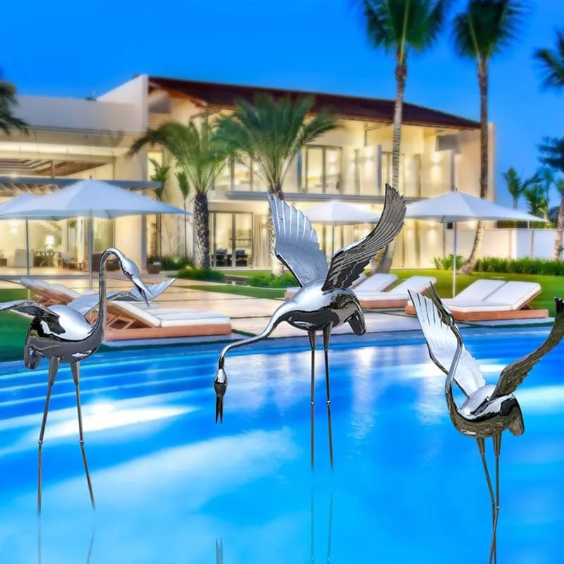 

GY Outdoor Stainless Steel Crane Sculptured Ornaments Crane Landscape Red-Crowned Crane Metal Mirror Water Landscape